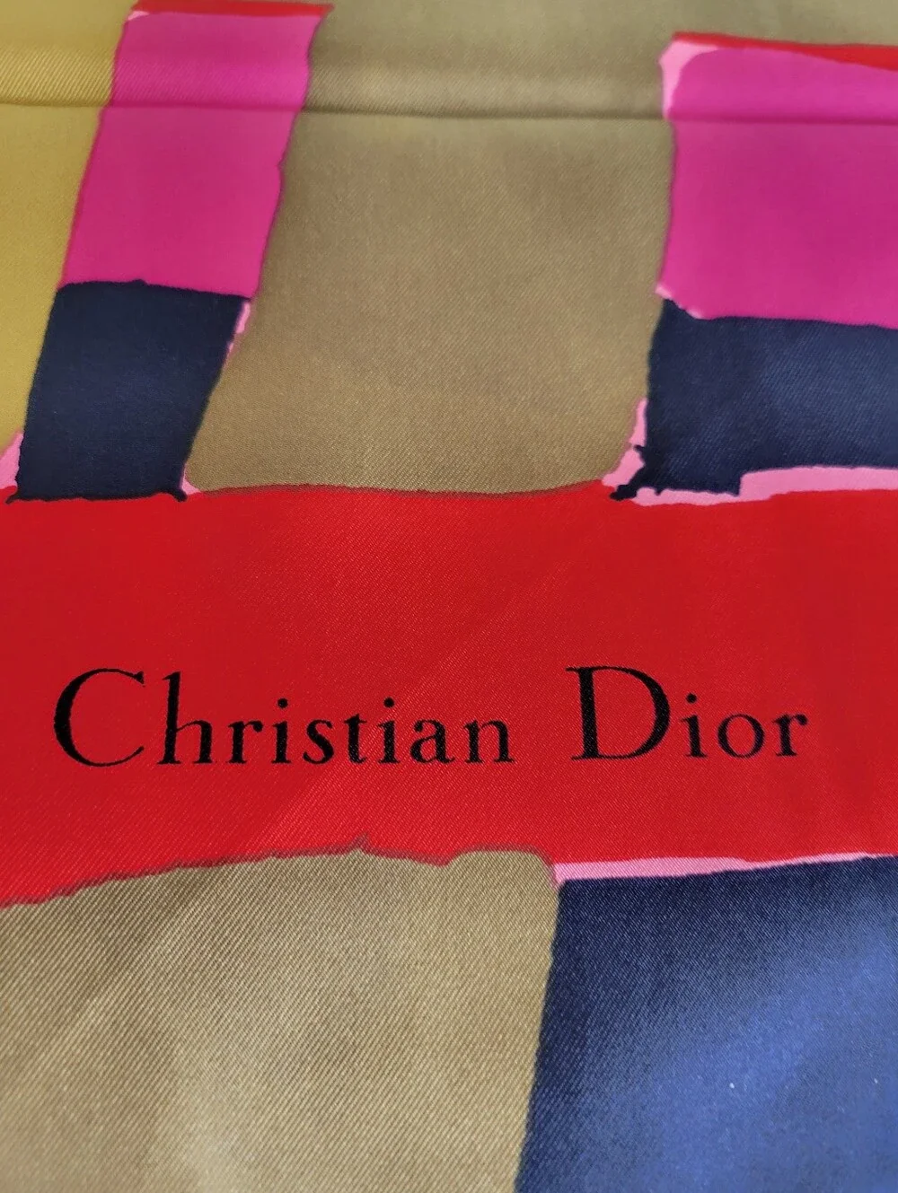Vintage Dior Navy, Hot Pink, Red & Gold Geometric Silk Scarf 30